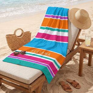 Custom Sky Blue Hot Pink Orange White Stripes Beach Towel