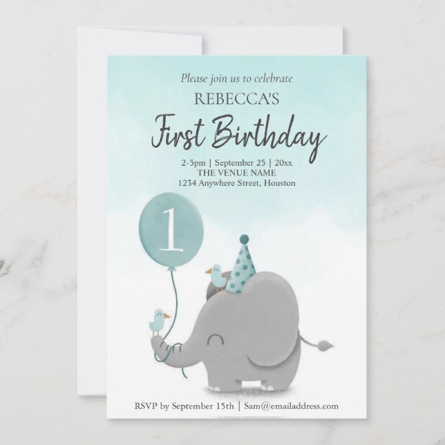 Custom Sky Blue White Elephant Balloon Theme Invitation (Front)