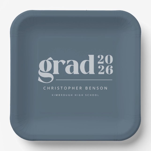 Custom Slate Blue 2026 Grad Graduation Paper Plate (Front)
