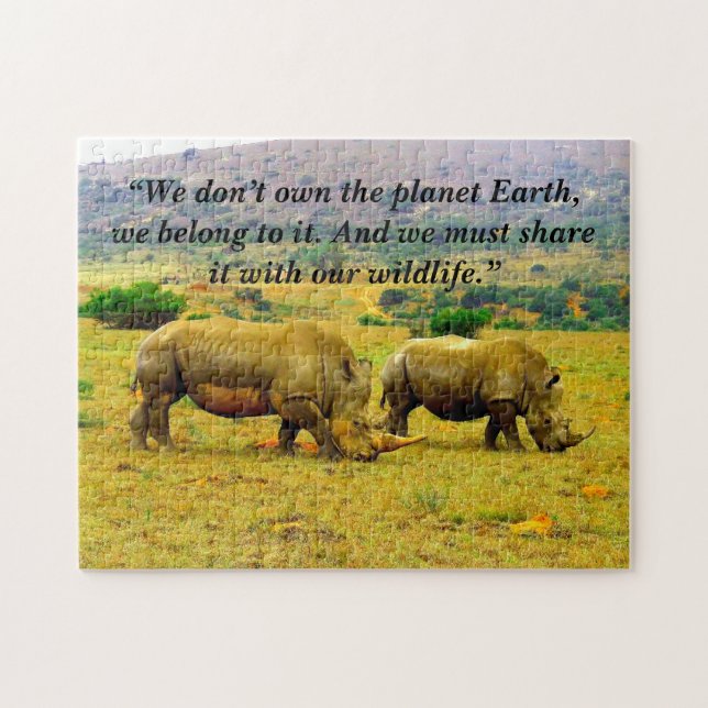 Custom Slogan/Conservation Rhino Couple Jigsaw Puzzle (Horizontal)