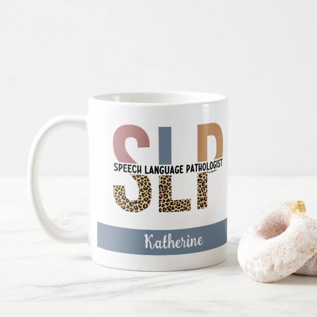 Custom SLP Speech Pathologist Leopard Print Coffee Mug (With Donut)