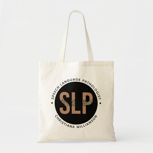 Custom SLP Speech Pathologist Leopard Print Gifts Tote Bag (Front)