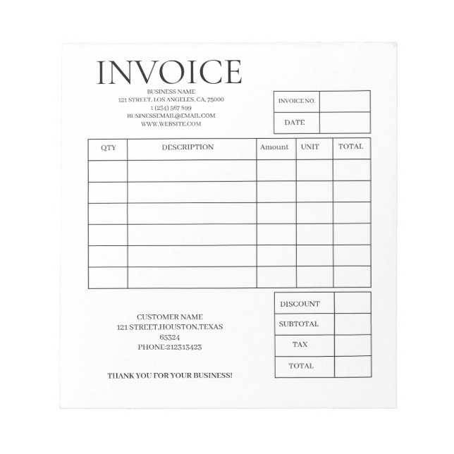 Custom Small Business Invoice Receipt Notepad  (Front)