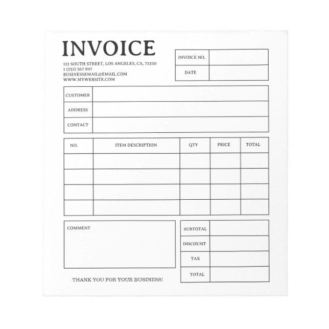 Custom Small Business Invoice Receipt Notepad (Front)