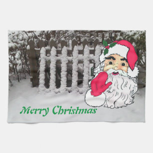 Custom snow on a picket fence with santa tea towel