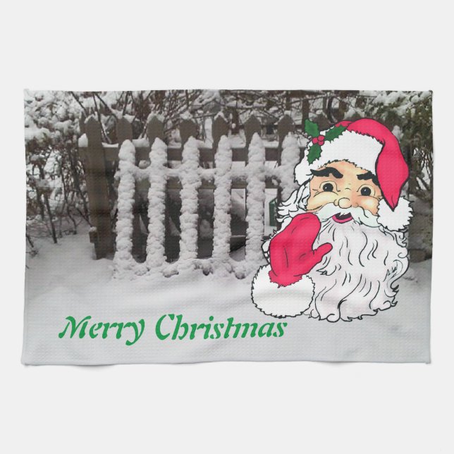 Custom snow on a picket fence with santa tea towel (Horizontal)