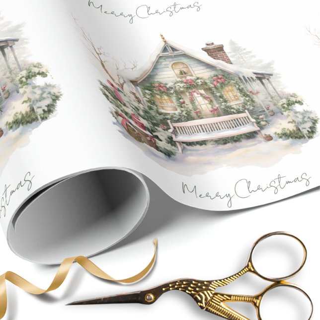 Custom Snow Winter Farm Watercolor Christmas Green Wrapping Paper (Creator Uploaded)