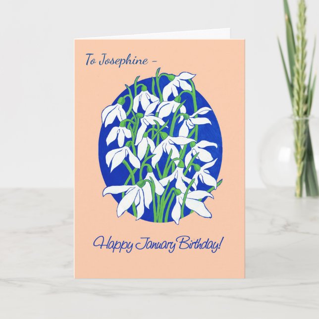 Custom Snowdrops on Blue January Birthday Card (Front)