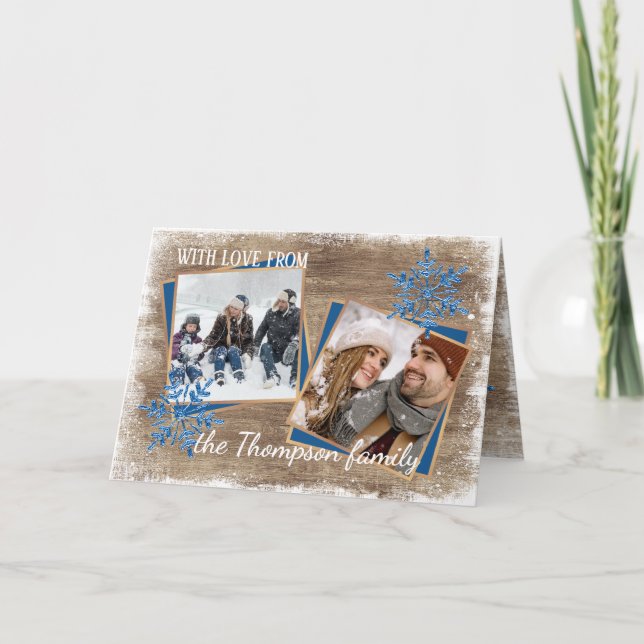 Custom Snowflakes & Barnwood Wooden Planks Pattern Holiday Card (Front)