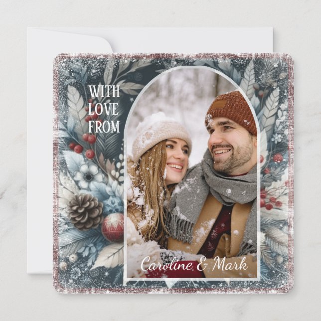 Custom Snowflakes & Chic Botanical Holiday Wreath Card (Front)