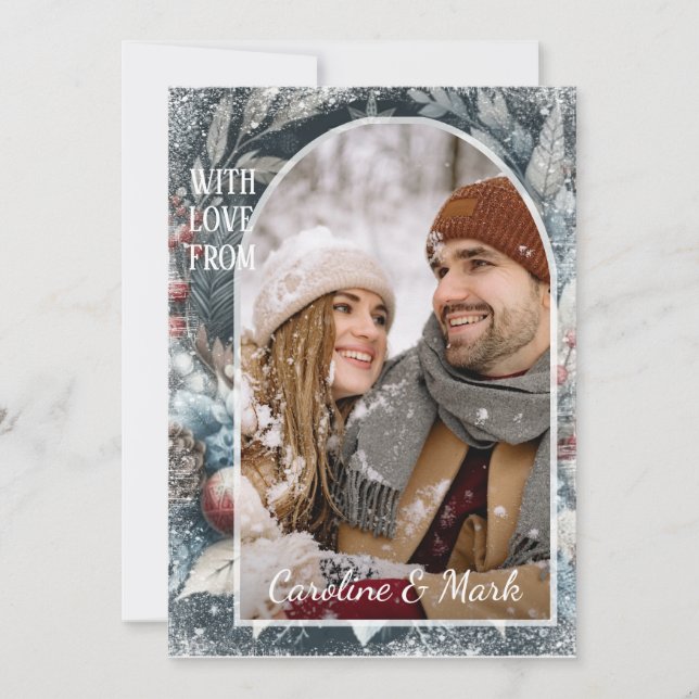 Custom Snowflakes & Chic Botanical Holiday Wreath Card (Front)