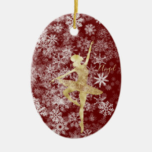 Custom Snowflakes Gold Foil Red Ballerina Dance   Ceramic Tree Decoration