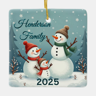Custom Snowman Family Of Three Ceramic Ornament