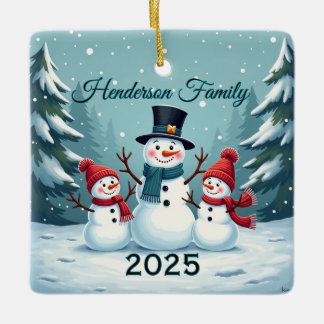 Custom Snowman Family Of Three Ceramic Ornament
