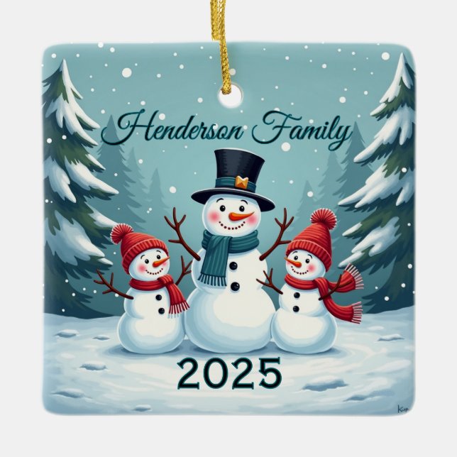 Custom Snowman Family Of Three Ceramic Ornament (Front)