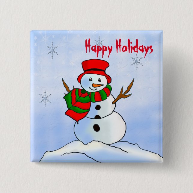Custom snowman on snow and snowflakes 15 cm square badge (Front)