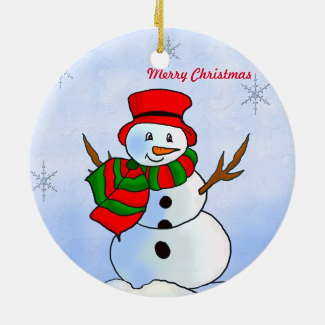 Custom snowman on snow and snowflakes ceramic tree decoration (Back)