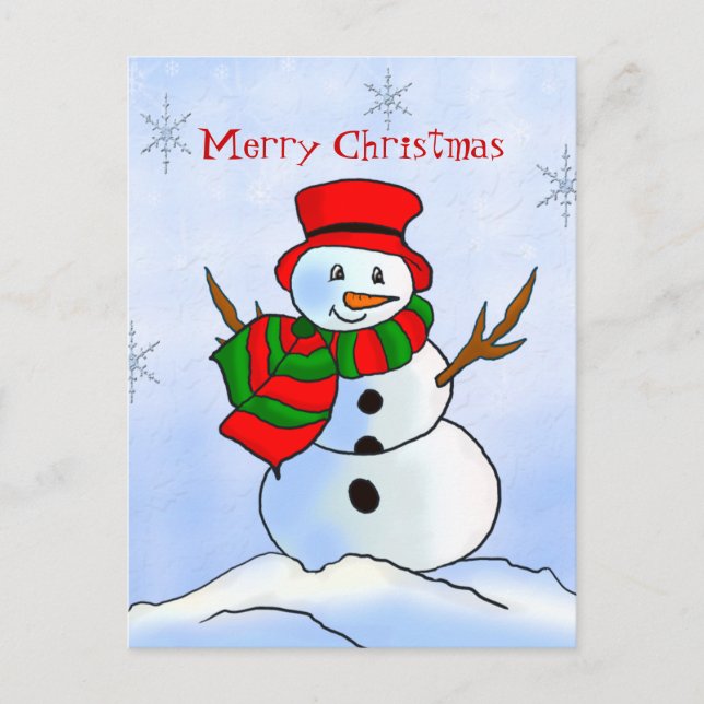 Custom snowman on snow and snowflakes holiday postcard (Front)