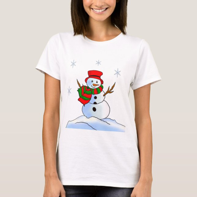 Custom snowman on snow and snowflakes T-Shirt (Front)