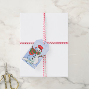 Custom snowman on snow and snowflakes with text gift tags