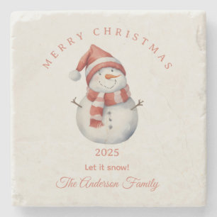 Custom Snowman watercolor Christmas vibe gift Stone Coaster