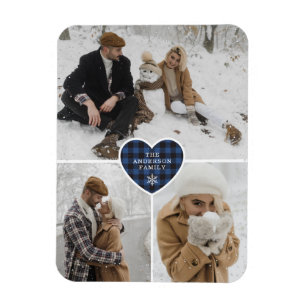 Custom Snowy Blue Buffalo Plaid Photo Christmas Magnet