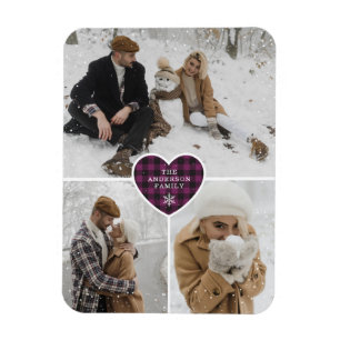 Custom Snowy Purple Buffalo Plaid Photo Christmas Magnet