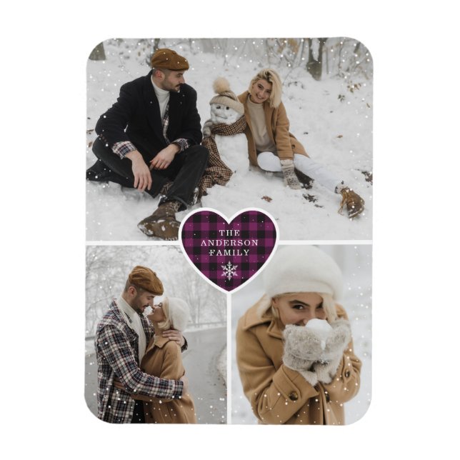Custom Snowy Purple Buffalo Plaid Photo Christmas Magnet (Vertical)