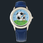 Custom Soccer Boy Watch<br><div class="desc">Cool customised soccer kids watch featuring a boy holding a ball on a green field and blue sky behind him. Personalise this sports room decor with your child's name underneath the giant soccer ball.</div>