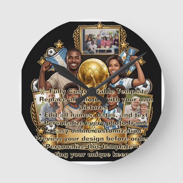 Custom Soccer Dad Photo Collage Gift Round Clock (Front)