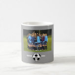 Custom Soccer Photo Collage Name Team Number Coffee Mug<br><div class="desc">This custom soccer photo collage features your uploaded soccer photos, a black and white soccer ball and your player's (or coach's) name, team name and number. All set against a colourful background that can be changed to match your team colours. Click on customise and then the small eye dropper. The...</div>