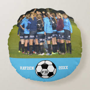 Custom Soccer Photo Collage Name Team Number Round Cushion