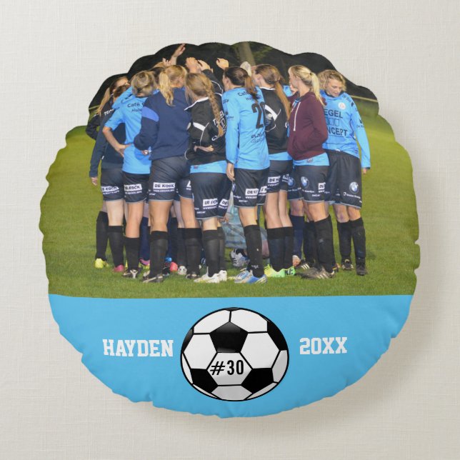 Custom Soccer Photo Collage Name Team Number Round Cushion (Front)