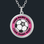 Custom soccer player jersey number team name small silver plated necklace<br><div class="desc">Custom soccer player jersey number team name small Silver Plated Necklace. Personalised sports gift for soccer player,  fan and coach. Pink or custom background colour. Sporty presents for girl,  sister,  daughter,  granddaughter,  mum,  friend,  team mate etc.</div>