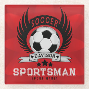 Custom Soccer Sportsman Emblem With Ball And Wings Glass Coaster