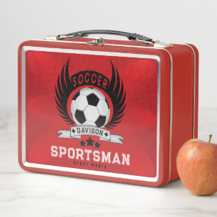 Custom Soccer Sportsman Emblem With Ball And Wings Metal Lunch Box