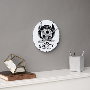 Custom Soccer Sportsman Emblem With Ball And Wings Round Clock