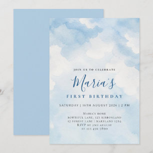 Custom Soft Blue Watercolor Cloud Birthday Invitation
