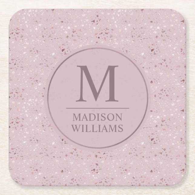 Custom Soft Blush Pastel Pink Gold Glitter Pattern Square Paper Coaster (Front)