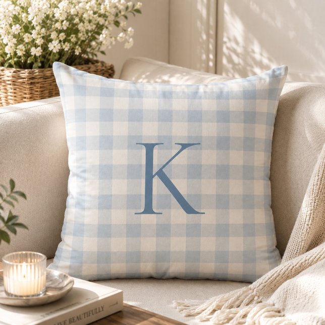 Custom Soft Light Blue Gingham Heirloom Monogram Cushion (Creator Uploaded)