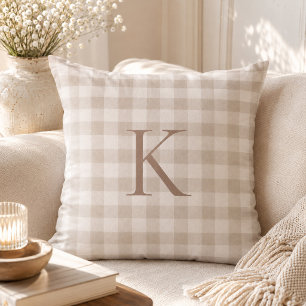 Custom Soft Neutral Gingham Heirloom Monogram Cushion