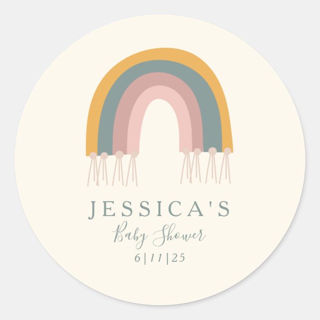 Custom Soft Pastel Boho Rainbow Favour Baby Shower Classic Round Sticker (Front)