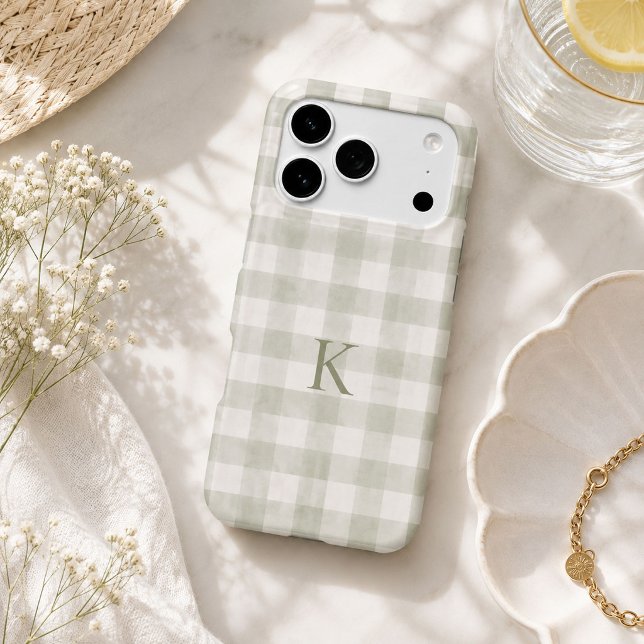 Custom Soft Sage Gingham Heirloom Monogram (Personalized sage green gingham phone case with custom initial and timeless heirloom-inspired plaid )