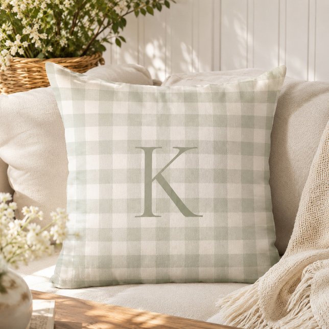 Custom Soft Sage Gingham Heirloom Monogram Cushion (Creator Uploaded)
