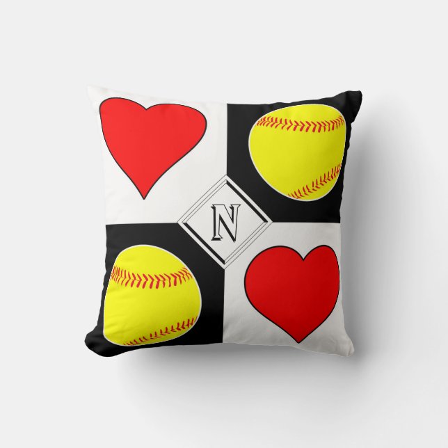 Custom Softball & Heart Square Chequered Pattern Cushion (Front)