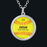 Custom Softball with Player Name, Number, Team Silver Plated Necklace<br><div class="desc">This cute necklace features a yellow softball with your player's name,  number and team name.  A perfect keepsake gift for your favourite player!  Check out our other softball themed gifts by clicking on the Colorfulgalshop logo below.</div>