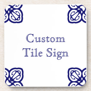 Custom Spanish Tile Sign - White on Blue Coaster