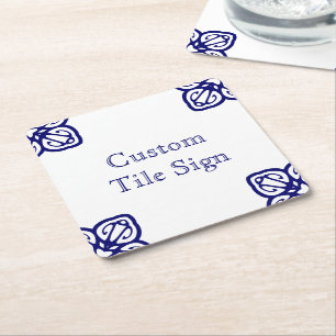 Custom Spanish Tile Sign - White on Blue Square Paper Coaster