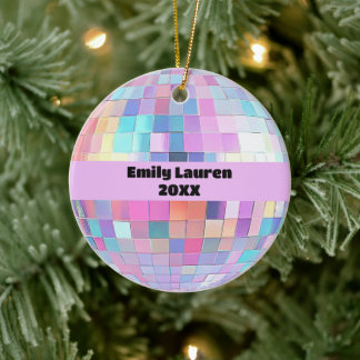 Custom Sparkly Pink & Rainbow Disco Ball Christmas Ceramic Tree Decoration