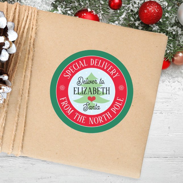 Custom Special Delivery From Santa Kids Christmas Classic Round Sticker (Creator Uploaded)